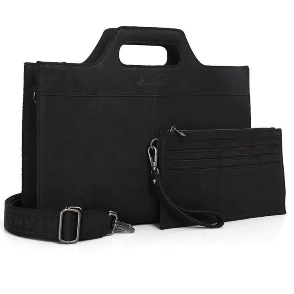MONTANA WEST Black Genuine Leather Laptop Case Tote & Wristlet Set NWT‎